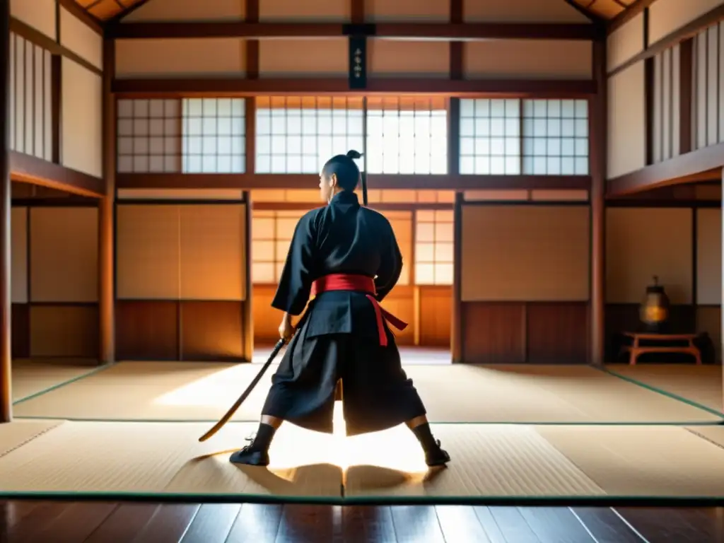 Grupo de artistas marciales practicando kendo y kenjutsu en un dojo japonés tradicional, con iluminación suave y armas antiguas