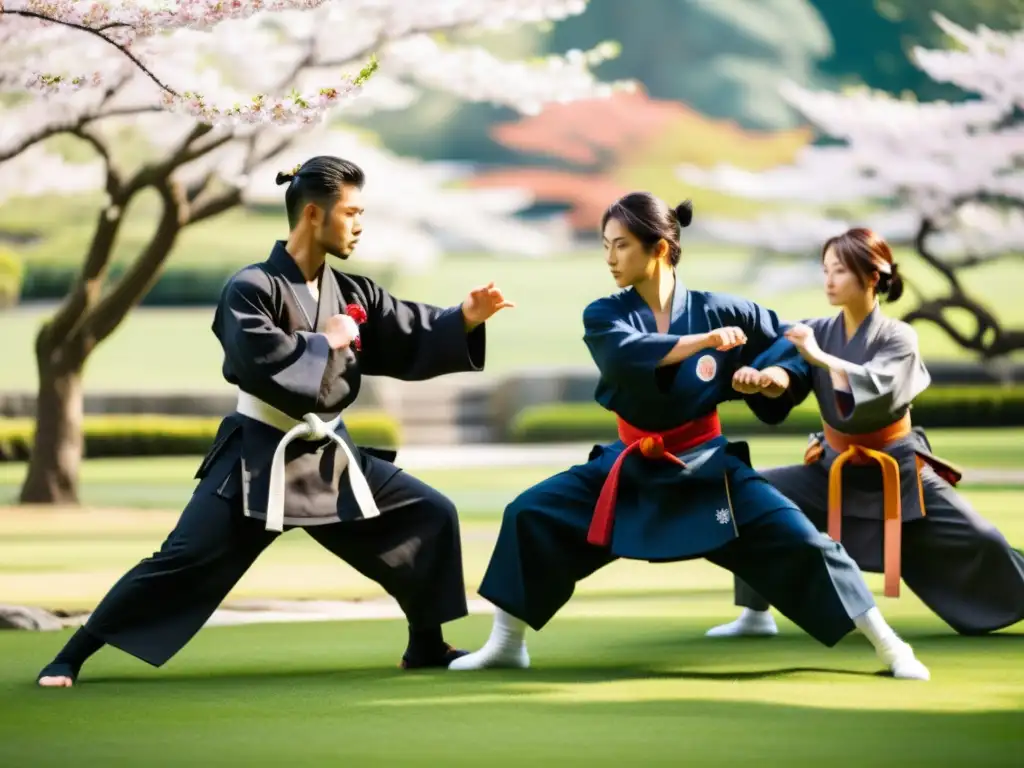 Un grupo de artistas marciales modernos practican técnicas samuráis y ninjas en un jardín japonés, mostrando la relación entre samuráis y ninjas