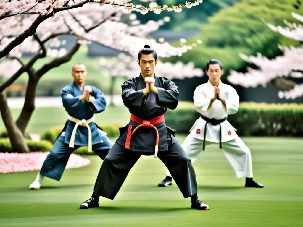 Un grupo de artistas marciales modernos practicando los principios del Bushido en un jardín sereno en Okinawa