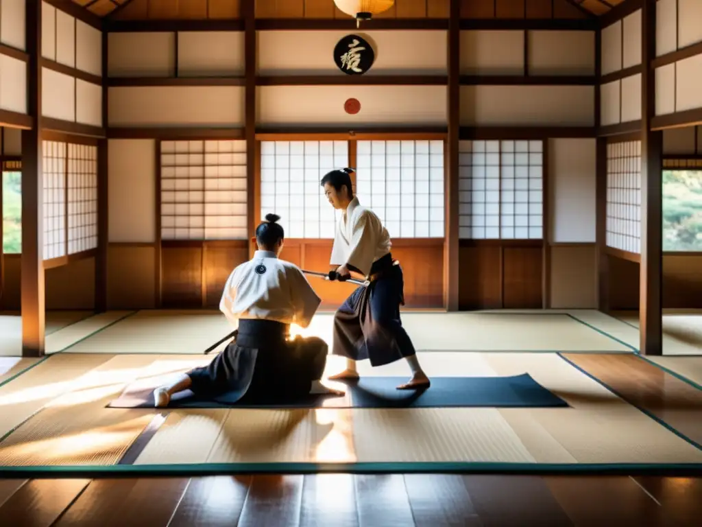 Grupo de artistas marciales practicando naginatajutsu en un dojo japonés, reflejando la tradición samurái