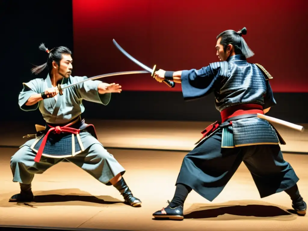 Un grupo de artistas marciales samuráis en armadura tradicional y espadas katana, demostrando técnicas marciales históricas en el escenario