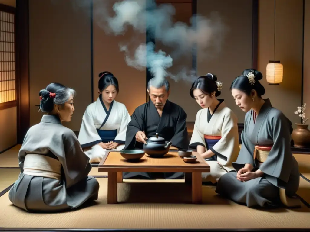 Un grupo de artistas occidentales en una ceremonia del té japonesa, capturando el impacto cultural samurái en el arte occidental