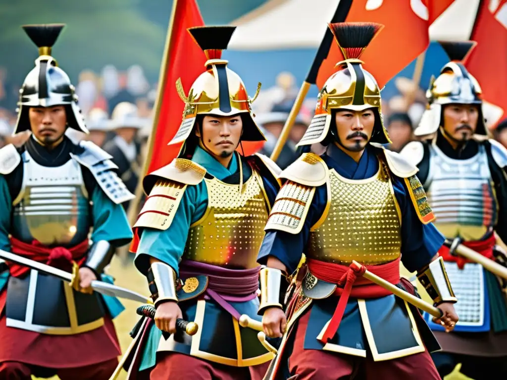 Grupo de artistas con trajes de samurái en el Uesugi Matsuri homenaje clanes guerreros