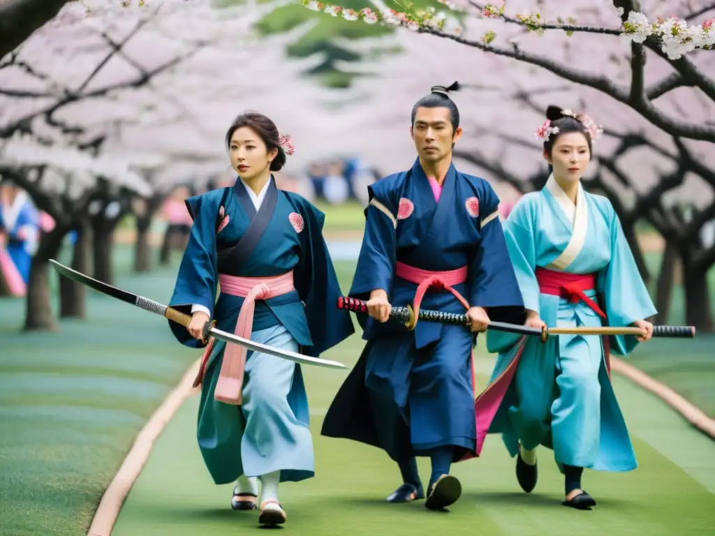 Grupo de artistas en trajes tradicionales de samurái, danzando con katanas en un jardín de cerezos en el Festival Kembu Kioto danza guerreros