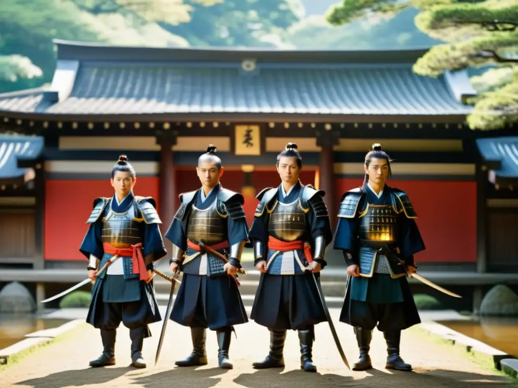 Samuráis del Shinsengumi en detalle Un grupo de guardias samurái Shinsengumi en atuendo tradicional, destacando la determinación en sus ojos