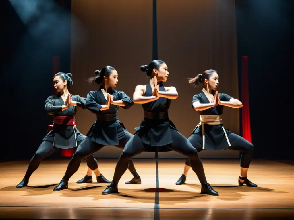 Grupo de bailarines contemporáneos en trajes negros realizando poses inspiradas en artes marciales en un escenario oscuro, reflejando la gracia y fuerza de los antiguos samuráis