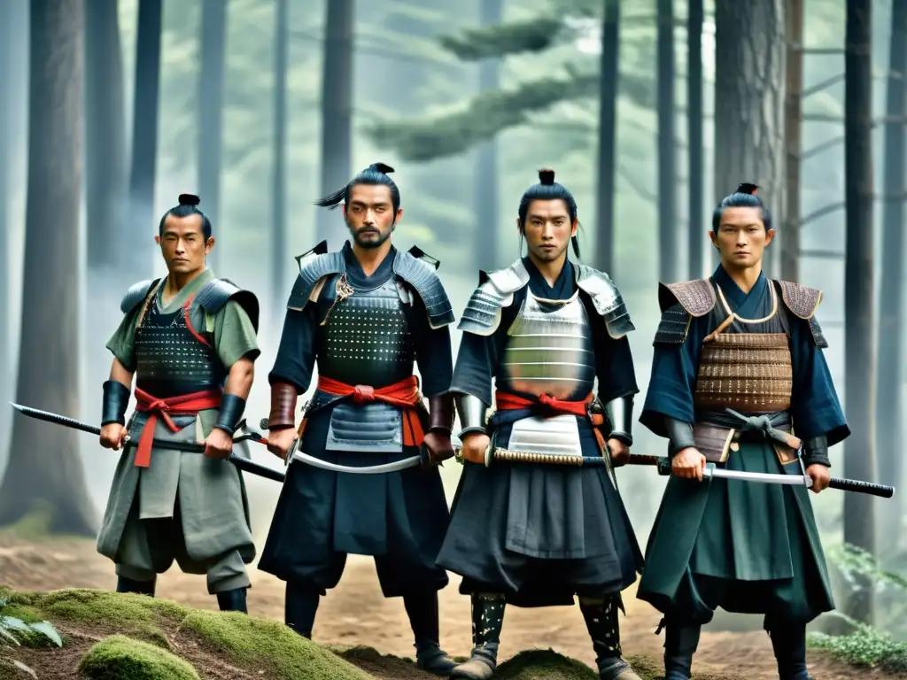 Grupo de ronin samurái en bosque brumoso, expresiones determinadas, en búsqueda de estatus moderno en Japón feudal