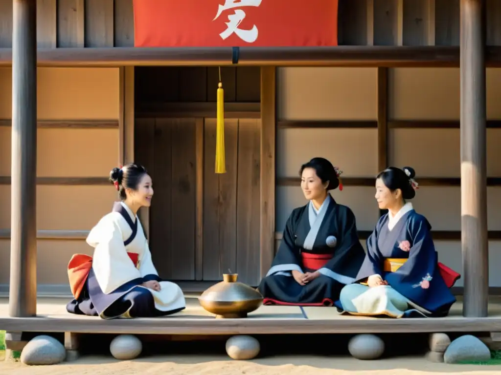 Grupo de Burakumin en la era samurái, reunidos en discusión frente a casa tradicional japonesa, con luz suave entre árboles