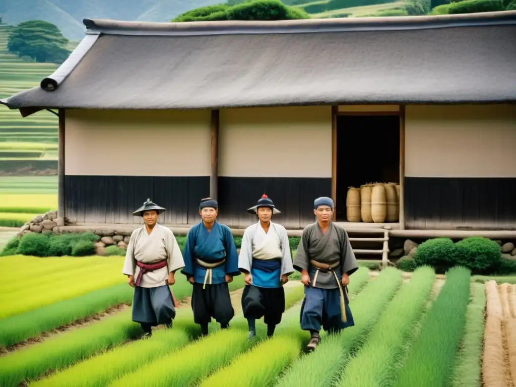 Grupo de campesinos Burakumin trabajando en los campos bajo la mirada de un samurái en una finca feudal en la era samurái