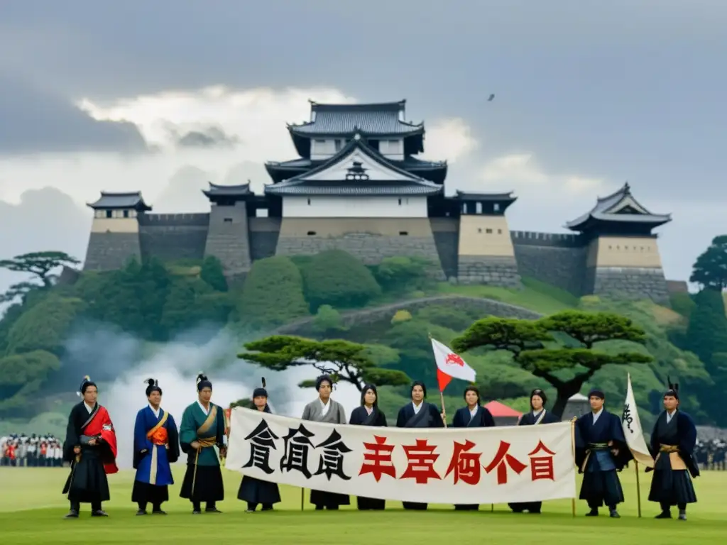 Un grupo de campesinos y samuráis sostienen banderas con símbolos cristianos frente al imponente castillo de Shimabara