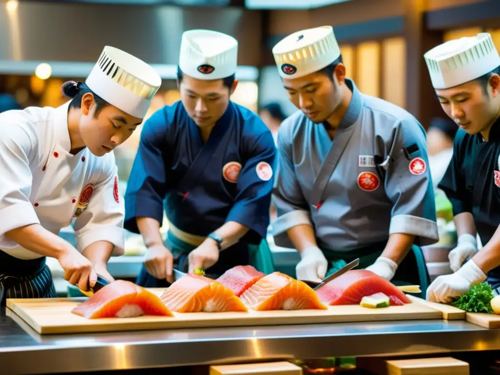 Un grupo de chefs samurái expertos cortando sashimi rodeados de un bullicioso mercado lleno de ingredientes frescos