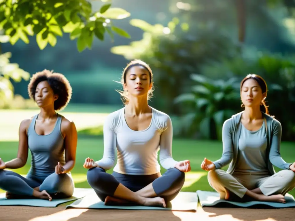 Un grupo concentrado practica Zen en un jardín soleado, guiados por un instructor sereno