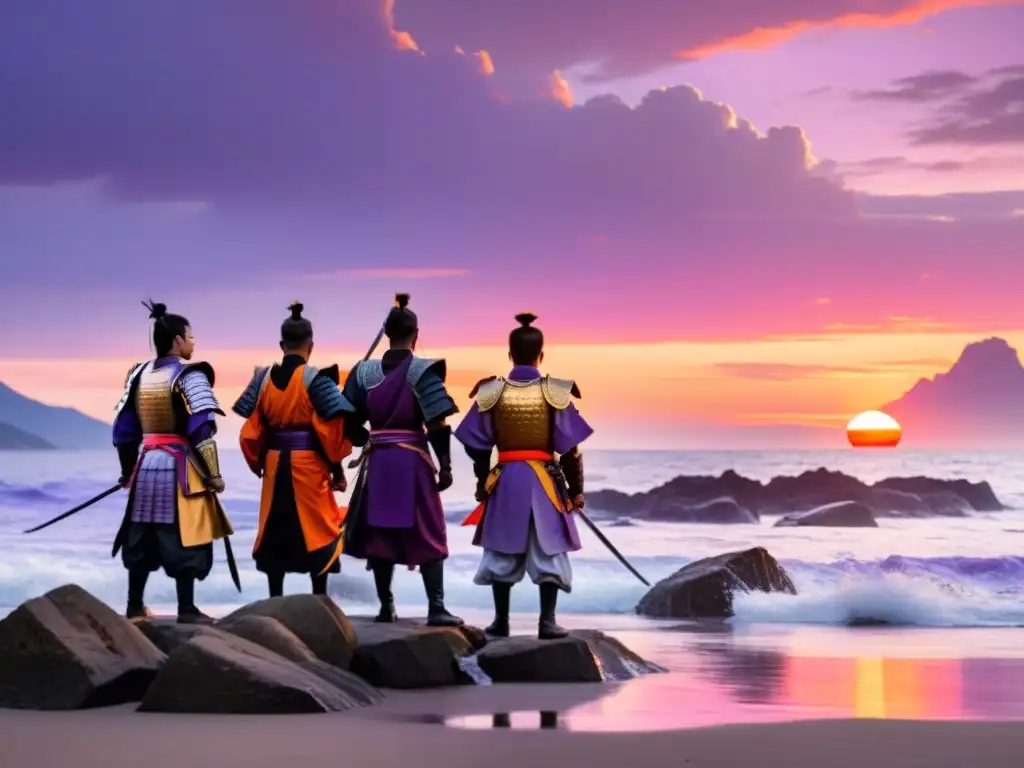 Grupo de samuráis Wokou en la costa rocosa, contemplando el horizonte al atardecer, expresando dualidad samuráis Wokou sociedad japonesa