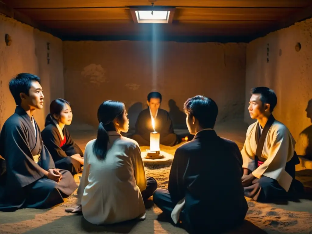 Grupo de cristianos japoneses se reúnen en cámara subterránea iluminada por velas, planeando levantamiento Shimabara política exterior