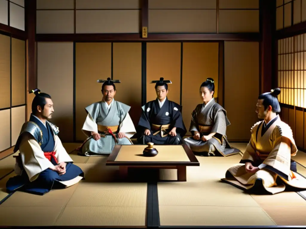 Un grupo de Daimyo en el Ajedrez Político, cautivados en una partida de shogi en una habitación tradicional japonesa