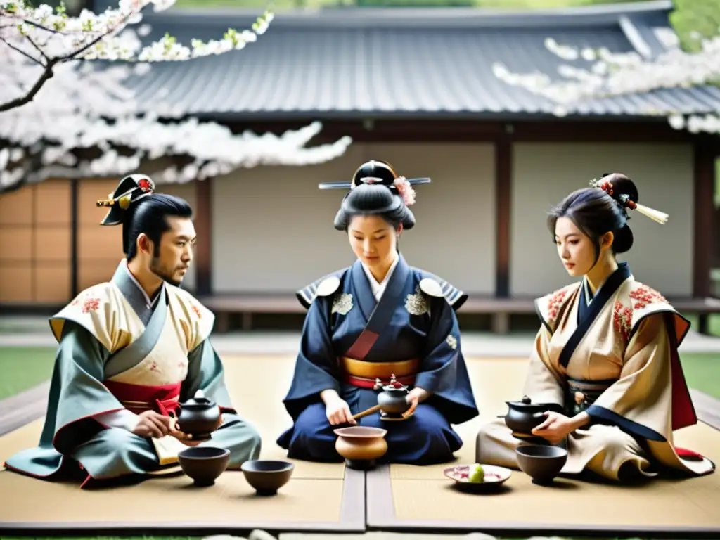 Grupo de daimyō samuráis cosmopolitas realizando una serena ceremonia del té bajo cerezos en flor