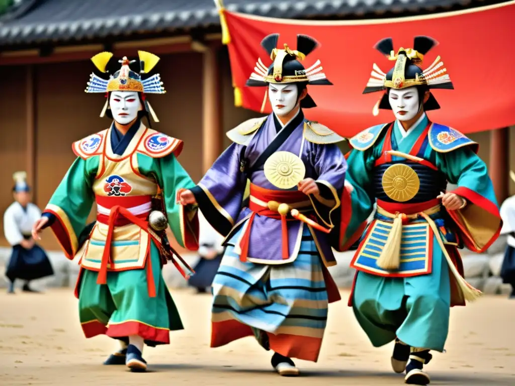 Grupo de samuráis ejecutando danza Noh en festival, con trajes y máscaras coloridos