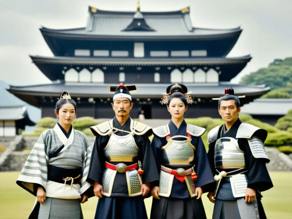 Un grupo de descendientes de samuráis en Japón viste atuendos tradicionales frente a un castillo histórico, mostrando su orgullo y honor