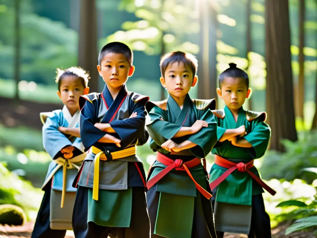 Un grupo de niños samurái entrenando en el bosque, con determinación y disciplina