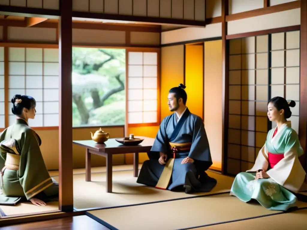 Un grupo de diseñadores de moda y expertos en indumentaria samurái se reúnen en una casa de té japonesa, rodeados de kimonos de seda y armaduras