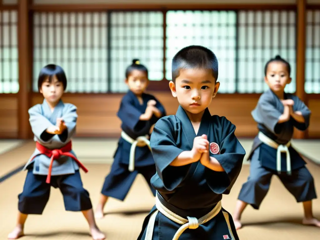 Grupo de niños samurái practicando en un dojo, reflejando disciplina y dedicación en su entrenamiento