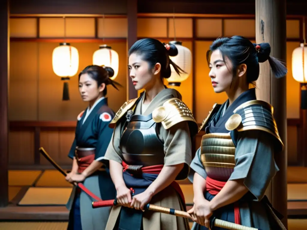 Grupo de onna bugeisha en dojo japonés con armadura samurái, reflejando honor y legado en artes marciales