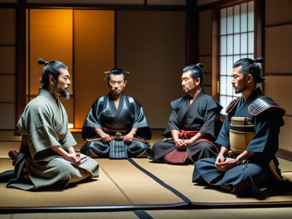 Conversación de Ronin: Intriga y Poder en Japón Feudal Un grupo de ronin se reúnen en un edificio tradicional japonés, discutiendo política