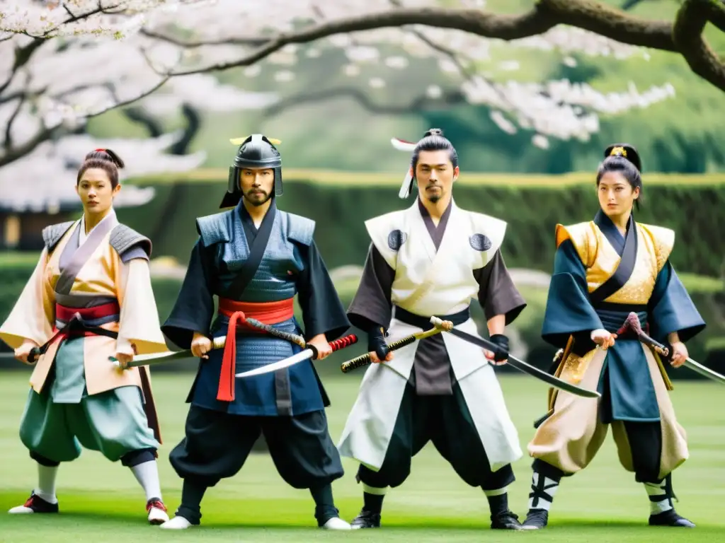 Un grupo de entusiastas cosplayers vestidos como samuráis y ninjas, realizando naginatajutsu en un jardín japonés con sakuras en flor