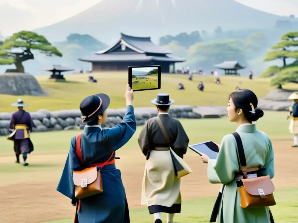 Grupo de entusiastas historiadores amateurs en trajes japoneses explorando un antiguo campo de batalla con apps de realidad aumentada samurái