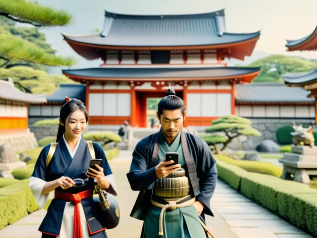 Un grupo de entusiastas de samuráis modernos interactúan con apps de realidad aumentada, fusionando tradición y tecnología en un jardín japonés