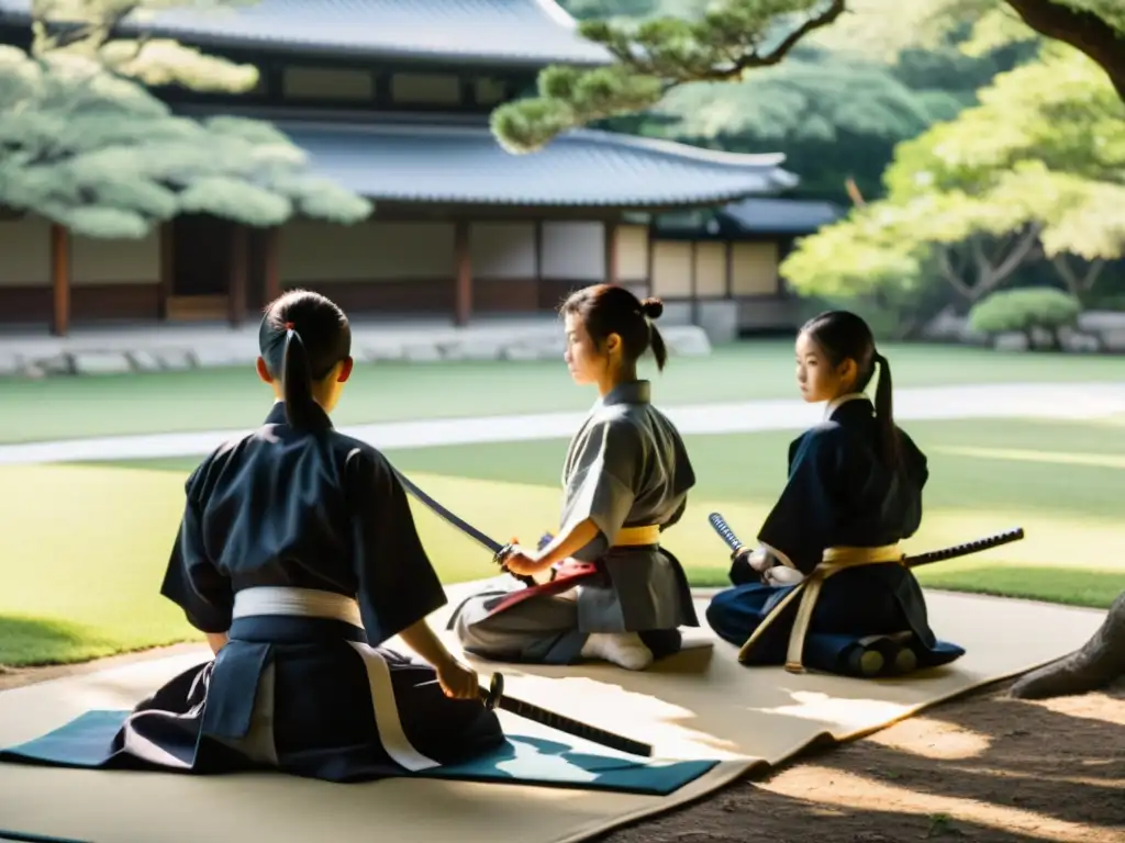 Entrenamiento de samuráis en el jardín Un grupo de jóvenes samuráis practican su equilibrio y arte marcial con katanas en un jardín sereno, bajo la atenta mirada de su sensei