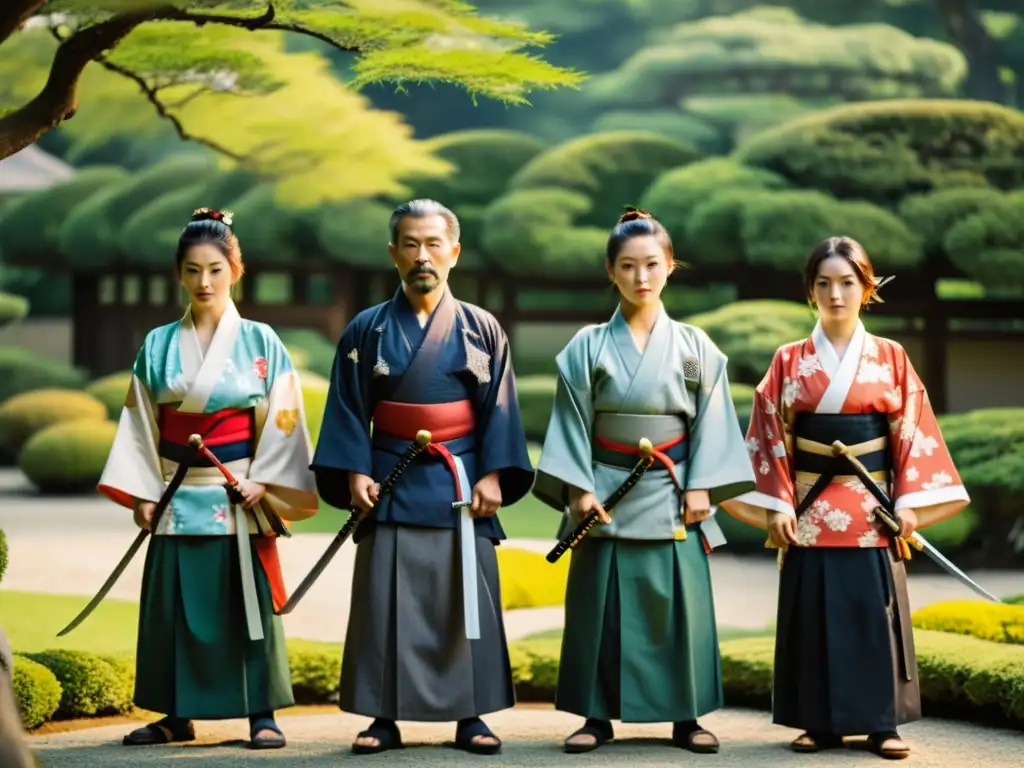 Ronin practicando el arte de la espada en un jardín japonés Un grupo de ronin practica su esgrima en un jardín japonés, reflejando su relevancia en la política japonesa feudal