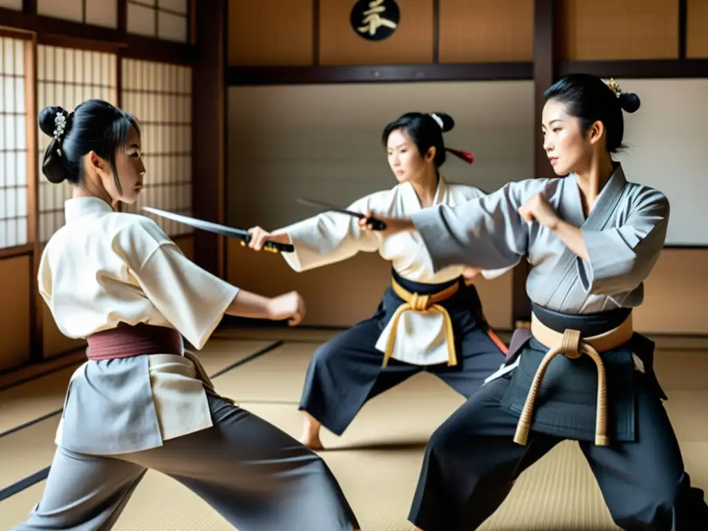 Un grupo de esposas samurái practican artes marciales con gracia y determinación en un dojo tradicional japonés