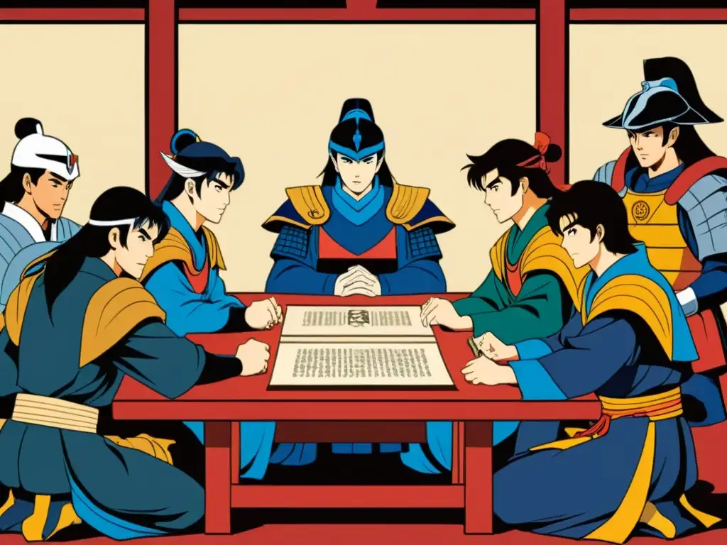 Ronin japoneses debatiendo intensamente Grupo de ronin discuten estrategias en la política japonesa feudal, rodeados de pergaminos y textos antiguos