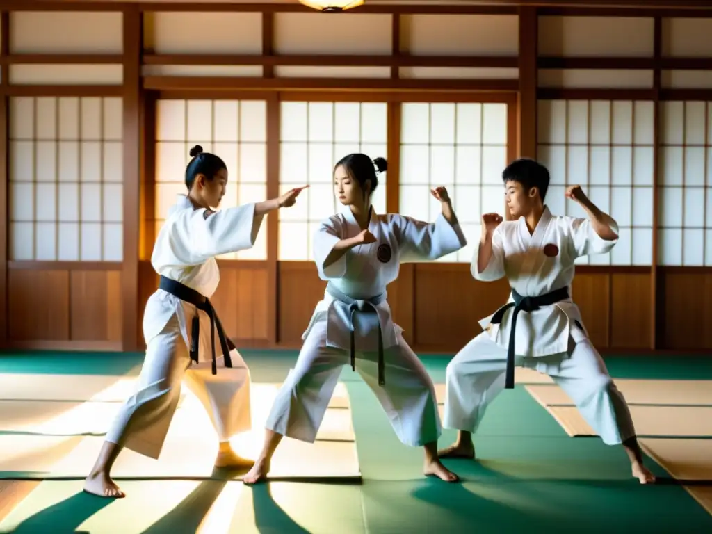 Un grupo de estudiantes practica artes marciales en un dojo tradicional