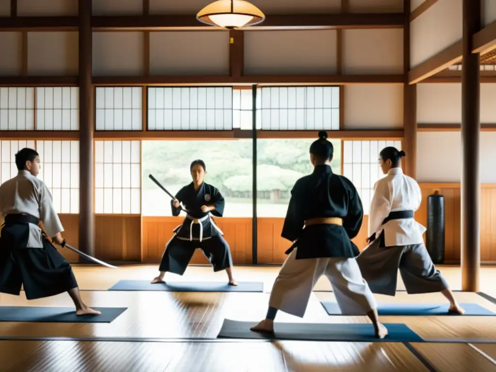 Grupo de estudiantes practicando artes marciales en un dojo japonés, con armas tradicionales ordenadas en las paredes