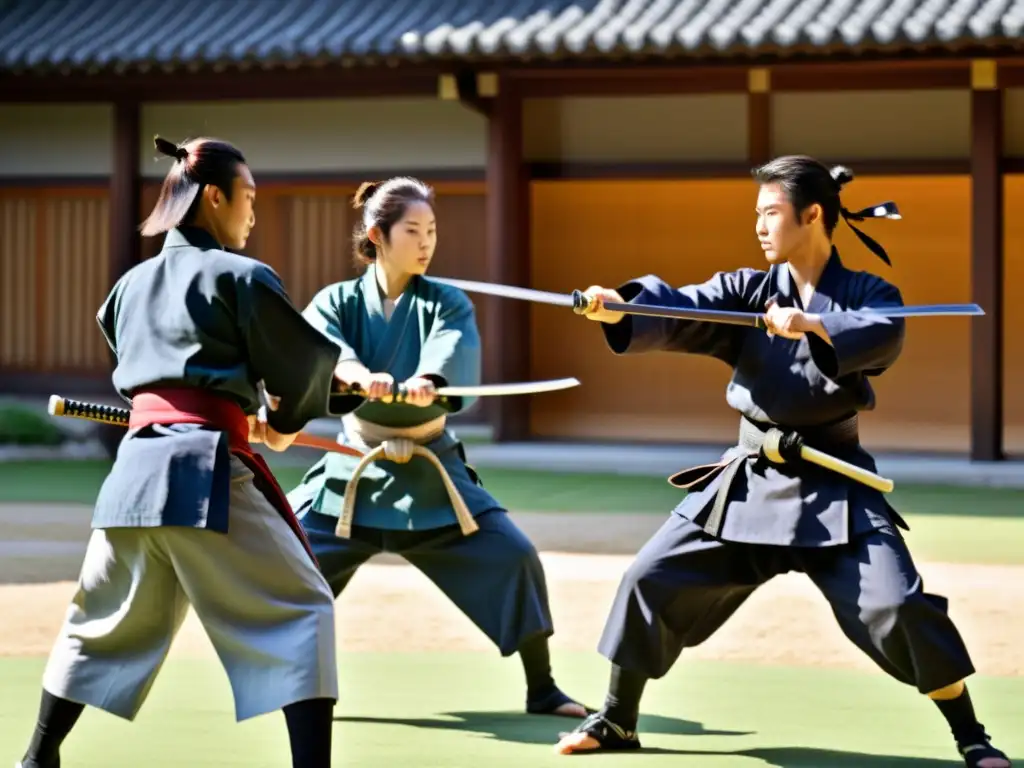 Grupo de estudiantes samuráis practicando Kenjutsu en un tranquilo patio soleado, bajo la atenta mirada del sensei