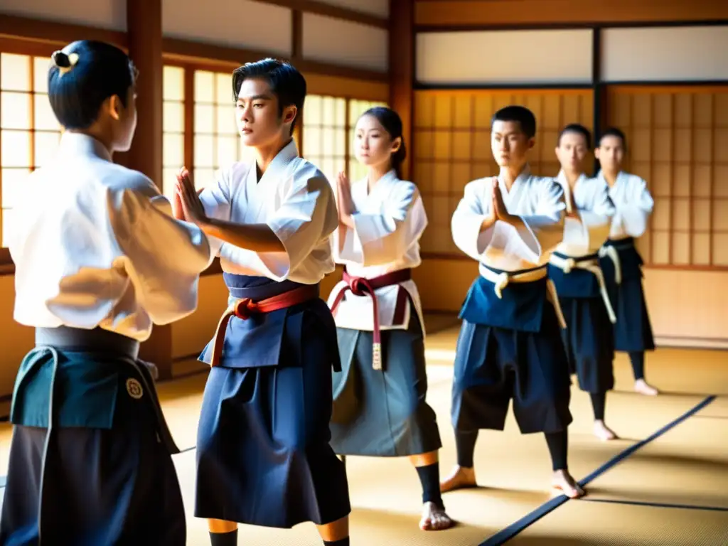 Un grupo de estudiantes novatos practicando katas Naginatajutsu en un dojo tradicional, con su sensei guiándolos