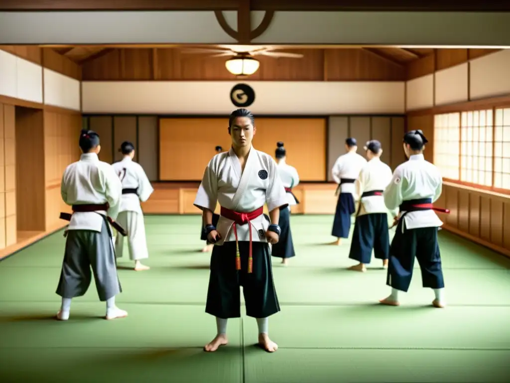 Entrenamiento de samuráis en un dojo moderno: disciplina y gracia en 8k Grupo de estudiantes y sensei practicando artes marciales en un dojo moderno