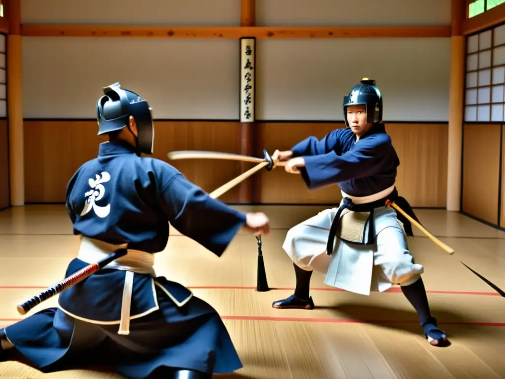 Un grupo de expertos practicantes de kendo en un emocionante combate en un dojo en Japón