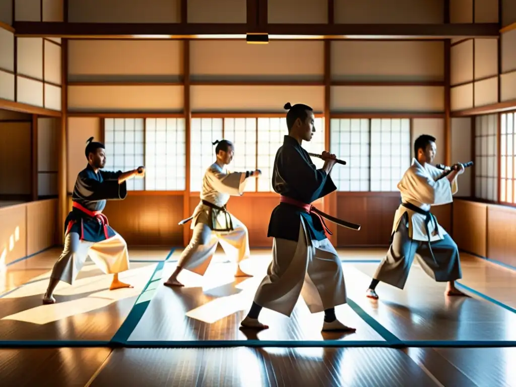 Grupo de expertos en trajes samurái demostrando el código samurái en un dojo tradicional japonés con katanas y muñecos de entrenamiento de madera