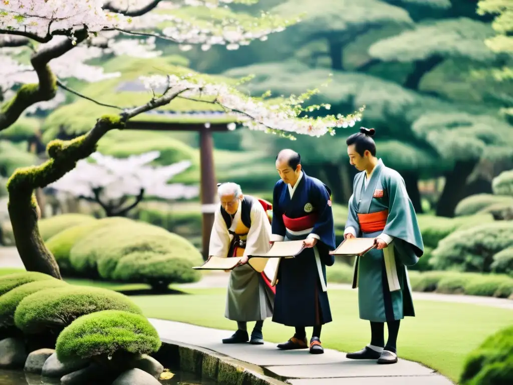 Un grupo de exploradores modernos en atuendo samurái tradicional muestra respeto a ancianos japoneses en un hermoso jardín