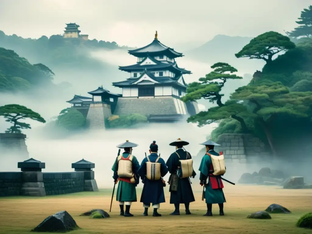 Un grupo de exploradores modernos se preparan para una aventura samurái frente a un antiguo castillo japonés en la niebla