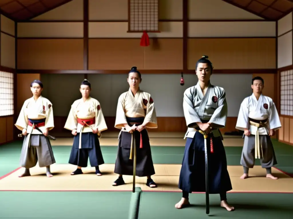 Un grupo de extranjeros aprendiendo técnicas de samurái en un dojo tradicional japonés