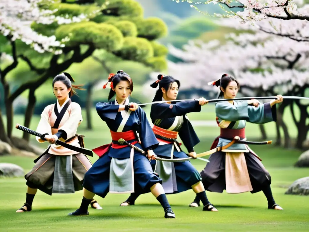 Grupo de Onna Bugeisha entrenando en un exuberante jardín con árboles de cerezos en flor