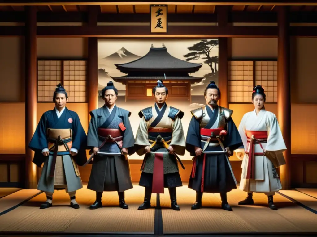 Grupo de figuras influyentes de la Revolución Meiji en atuendo samurái, transmitiendo determinación en una sala histórica con artefactos de la época