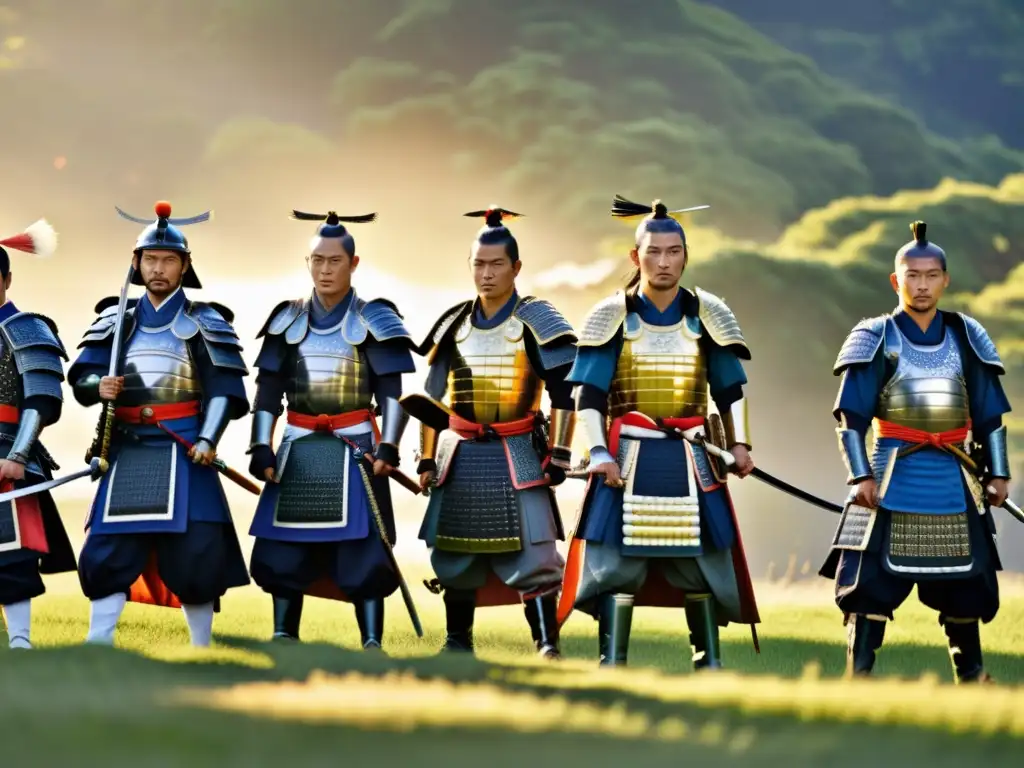 Un grupo de generales samurái en armadura tradicional, estratégicamente formados en un campo de batalla