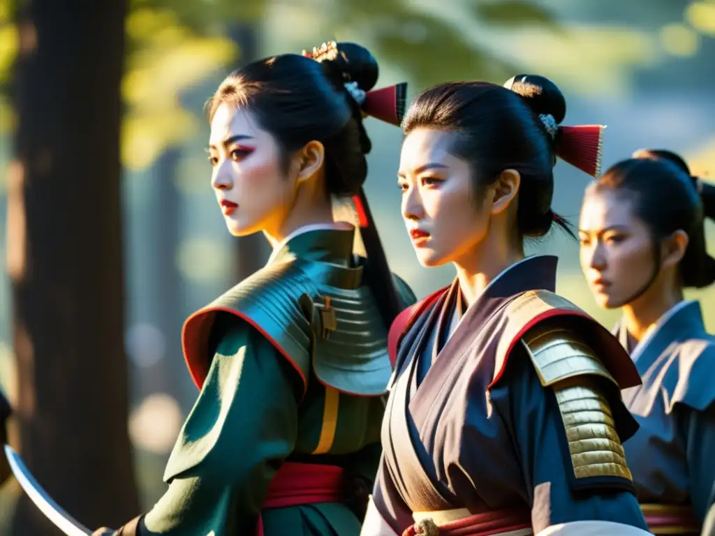 Grupo de guerreras samurái en formación, listas para el combate bajo la luz del sol en Japón feudal