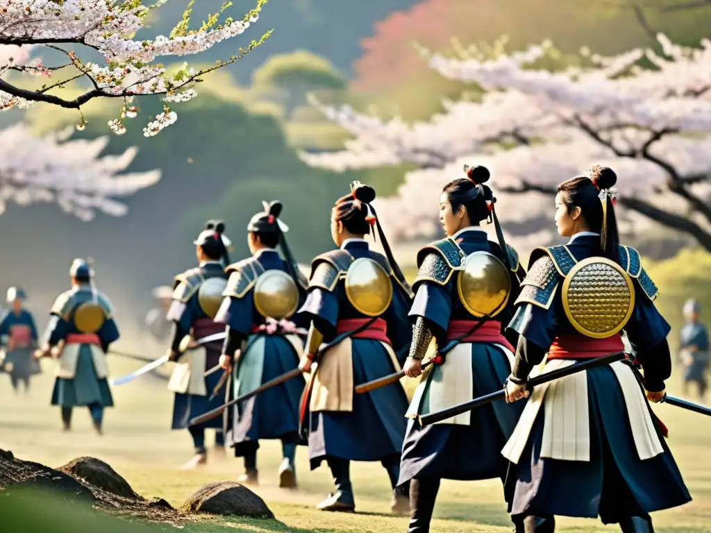 Un grupo de guerreras Onna Bugeisha con naginatas en formación defensiva bajo los cerezos en flor