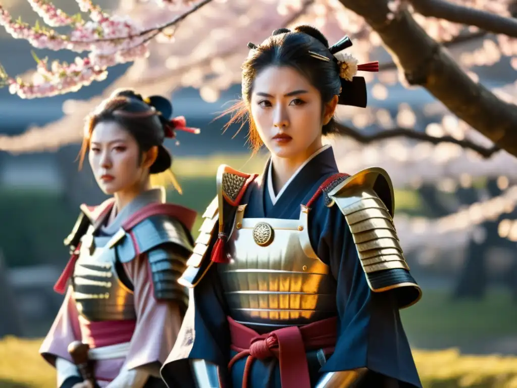 Grupo de guerreras samurái en Japón feudal, con determinación y fuerza bajo los cerezos en flor al atardecer